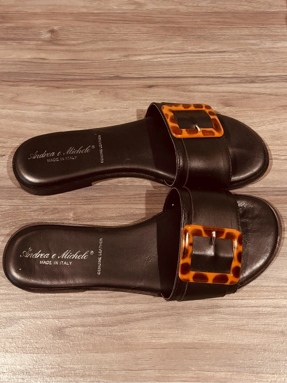 Genuine Italian Leather Tortoiseshell Slide Sandals Buckle Accent US 9.5 Summer
